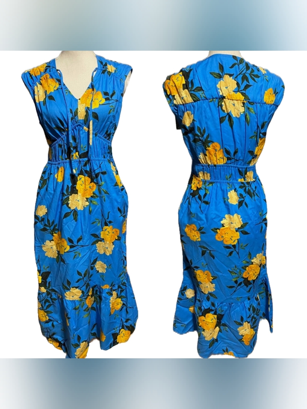 NWT! Time & Tru Blue Floral Midi Dress Plus Size XXXL 22 Yellow Flower Tie Neck - Picture 6 of 6